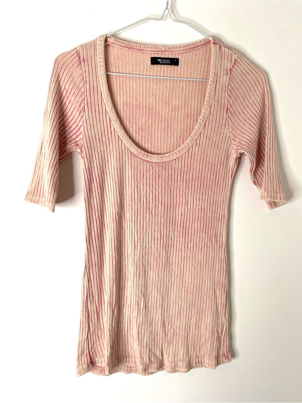 Michael Lauren Pink Ribbed Scoop Neck Half Sleeve Fitted Top Revolve